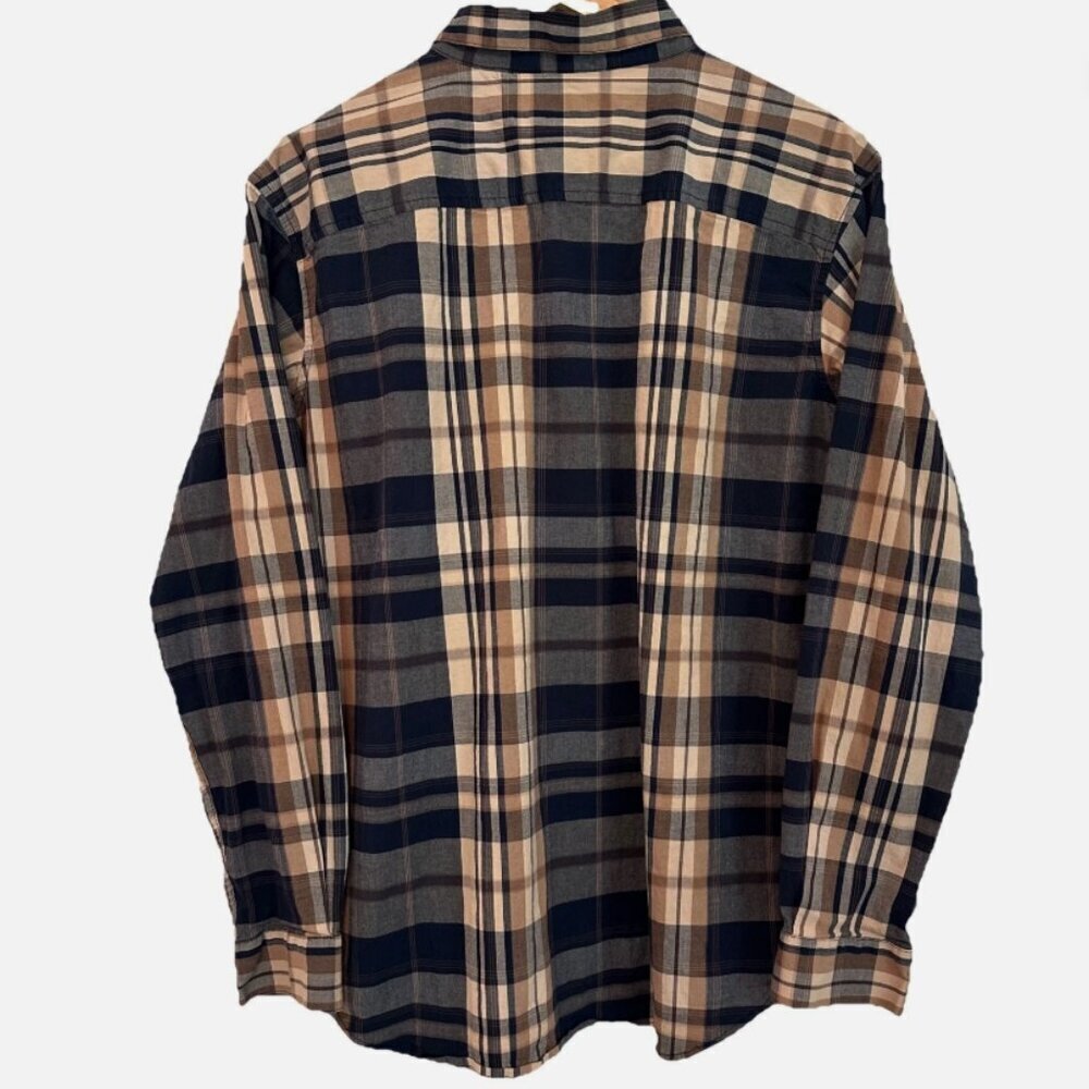 Columbia Men’s Large Taupe Navy Blue Plaid Long Sleeve Casual Button-Down Shirt - Picture 4 of 4